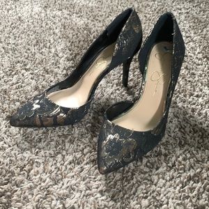 Black and gold foil floral heels